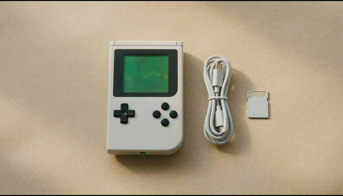 Console rétro portable en plastique moulé beige vue de dessus, écran allumé en vert phosphore, à côté d'un câble USB-C et d'une carte mémoire.