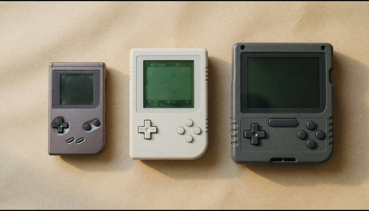 Trois consoles rétro portables de tailles et de finitions différentes alignées sur un fond beige, celle du milieu en plastique moulé clair avec écran vert allumé.