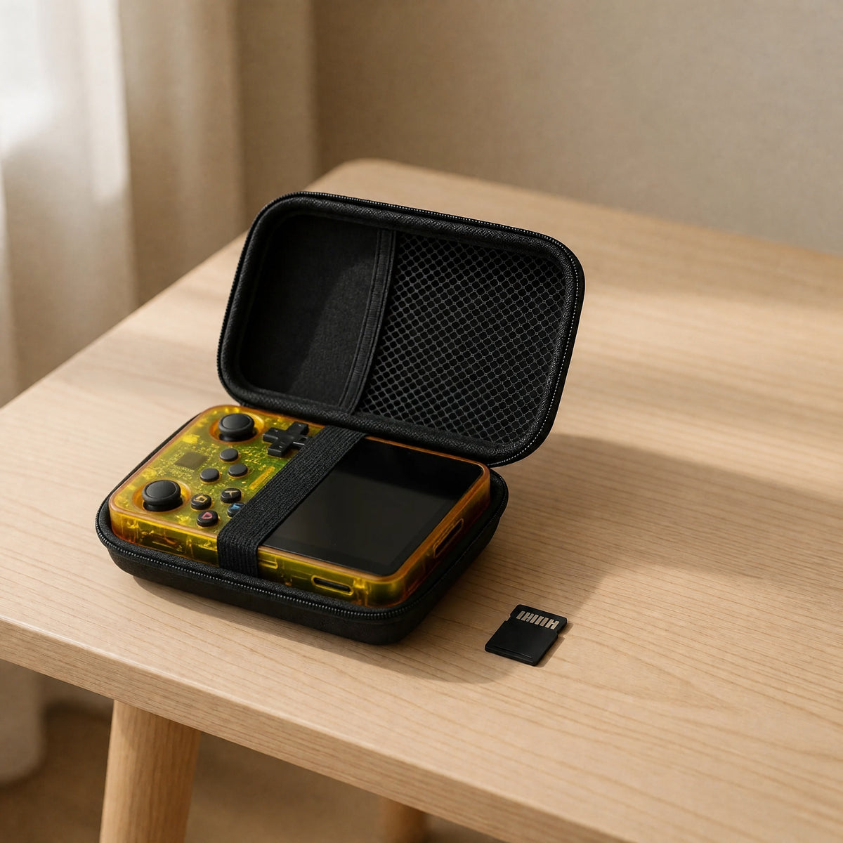 Pack cadeau Pocketro One coloris jaune : console, housse rigide et carte mémoire 64 Go