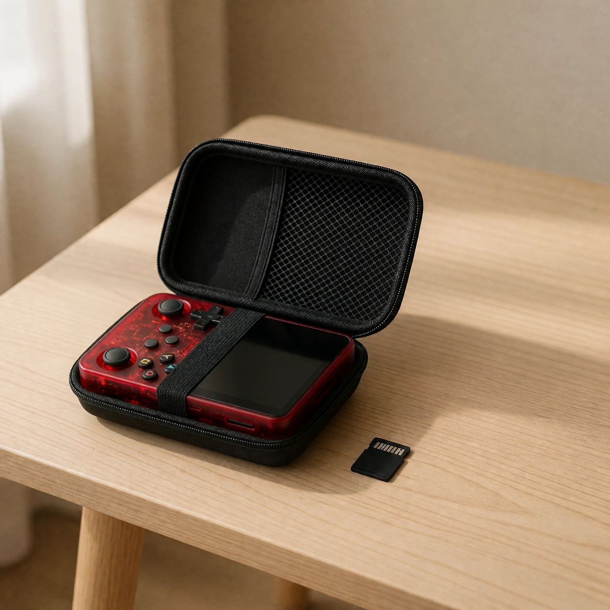 Pack cadeau Pocketro One coloris rouge translucide : console, housse rigide et carte mémoire 64 Go