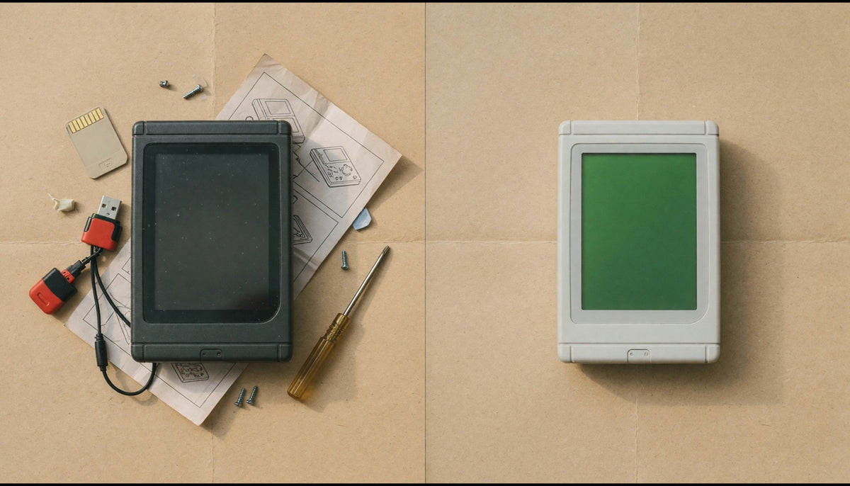 Comparaison vue de dessus : à gauche une console éteinte entourée de carte mémoire, tournevis et notice ; à droite une console claire seule, écran vert allumé.