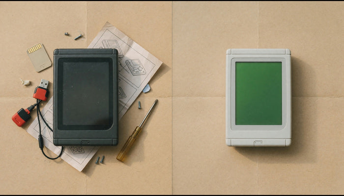 Comparaison vue de dessus : à gauche une console éteinte entourée de carte mémoire, tournevis et notice ; à droite une console claire seule, écran vert allumé.