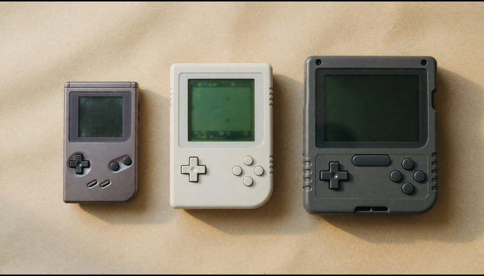 Trois consoles rétro portables de tailles et de finitions différentes alignées sur un fond beige, celle du milieu en plastique moulé clair avec écran vert allumé.