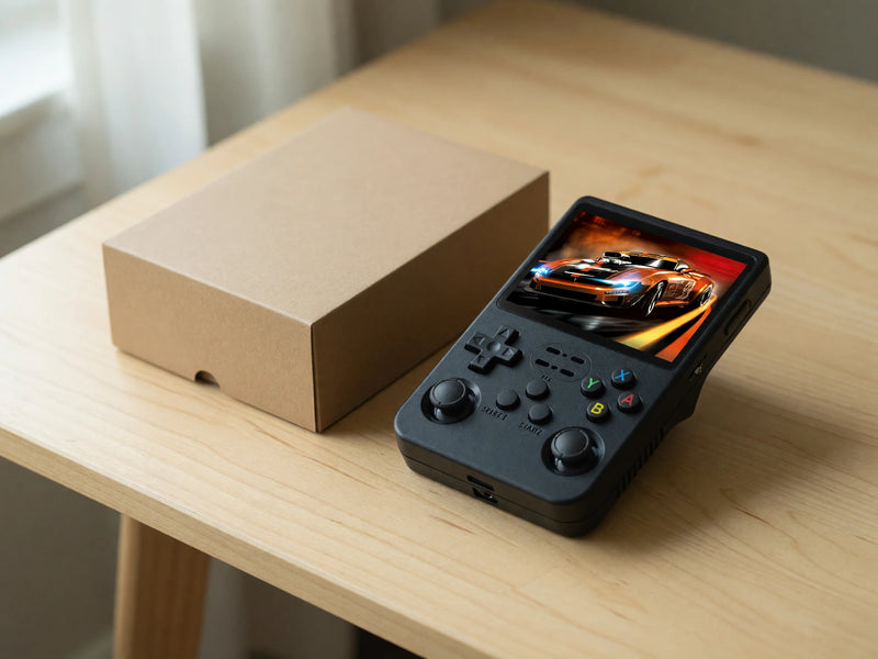 Pocketro One tout juste sortie de sa boîte, posée sur une table en bois clair