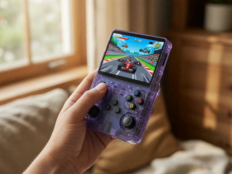 Main tenant la console rétro portable Pocketro One, écran allumé sur un jeu de course